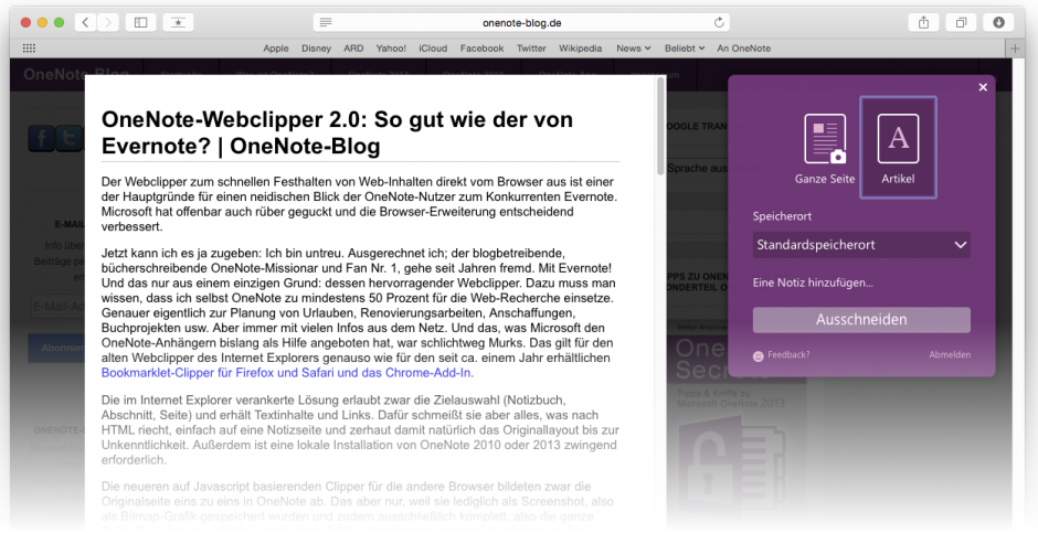 Im Gegensatz zur Chrome-Version lassen sich keine Webseiten-Ausschnitte speichern. Komplette Seiten oder bereinigte Artikel funktionieren aber.